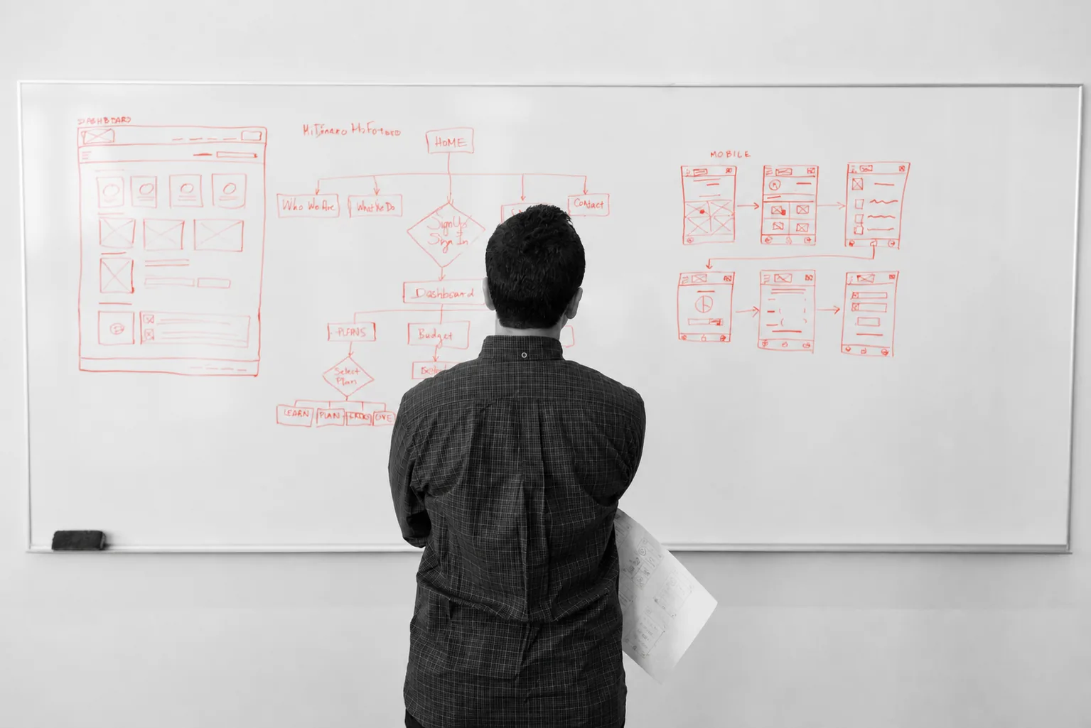 An engineer reviewing architecture and product flows drawn on a whiteboard